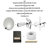 Kit Parabole Satellite 80 cm Acier + Antenne TNT Trinappe 18dB + Antenne omnidirectionnelle DAB FM + Coupleur TER & SAT 4 Entrées, FM, DAB-VHF, UHF, SAT + Câble Coaxial Satellite 20m + 10 Fiches F Or