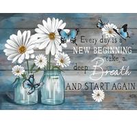 Kit Peinture au Diamant Daisy avec Papillons - Diamond Painting Adulte Fleurs Inspirant « Every day is a new beginning », 5D DIY Painting Diamant Citation Motivante pour Déco Murale Maison 30x40cm
