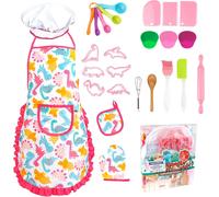 Kit Petit Chef Cuisine Enfant avec Tablier Dinosaure, 26 Pièces Jouet Cuisine Ustensile avec Toque Cuillères Fouet, Chef Jeu de Rôle Cadeaux pour Garçons Filles 3 4 5 6 7 Ans (Rose)
