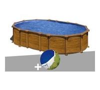 Kit piscine acier aspect bois Gré Amazonia ovale 6,34 x 3,99 x 1,32 m + Bâche à bulles