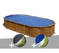Kit piscine acier aspect bois Gré Amazonia ovale 7,44 x 3,99 x 1,32 m + Bâche d'hivernage + Bâche à bulles