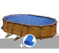 Kit piscine acier aspect bois Gré Mauritius ovale 5,27 x 3,27 x 1,32 m + Bâche à bulles