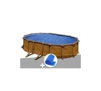 Kit piscine acier aspect bois Gré Mauritius ovale 6,34 x 3,99 x 1,32 m + Bâche à bulles
