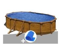 Kit piscine acier aspect bois Gré Mauritius ovale 6,34 x 3,99 x 1,32 m + Bâche à bulles