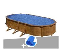 Kit piscine acier aspect bois Gré Mauritius ovale 7,44 x 3,99 x 1,32 m + Bâche à bulles