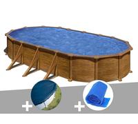 Kit piscine acier aspect bois Gré Mauritius ovale 7,44 x 3,99 x 1,32 m + Bâche hiver + Bâche à bulles