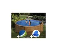 Kit piscine acier aspect bois Gré Mauritius ronde 3,70 x 1,32 m + Bâche hiver + Bâche à bulles