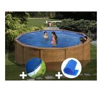 Kit piscine acier aspect bois Gré Mauritius ronde 3,70 x 1,32 m + Bâche hiver + Bâche à bulles Bois G