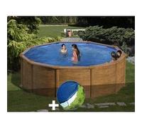 Kit piscine acier aspect bois Gré Mauritius ronde 3,70 x 1,32 m + Bâche hiver
