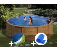 Kit piscine acier aspect bois Gré Mauritius ronde 4,80 x 1,32 m + Bâche hiver + Bâche à bulles