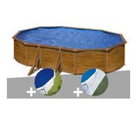 Kit piscine acier aspect bois Gré Pacific ovale 5,27 x 3,27 x 1,22 m + Bâche à bulles + Tapis de sol