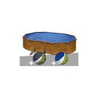 Kit piscine acier aspect bois Gré Pacific ovale 5,27 x 3,27 x 1,22 m + Bâche d'hivernage + Bâche à bulles