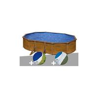 Kit piscine acier aspect bois Gré Pacific ovale 6,34 x 3,99 x 1,22 m + Bâche à bulles + Tapis de sol