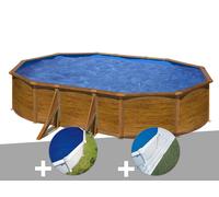 Kit piscine acier aspect bois Gré Pacific ovale 6,34 x 3,99 x 1,22 m + Bâche à bulles + Tapis de sol