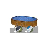 Kit piscine acier aspect bois Gré Pacific ovale 6,34 x 3,99 x 1,22 m + Bâche d'hivernage + Tapis de sol Bois