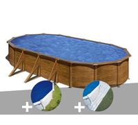 Kit piscine acier aspect bois Gré Pacific ovale 7,44 x 3,99 x 1,22 m + Bâche à bulles + Tapis de sol