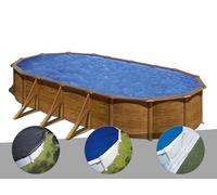 Kit piscine acier aspect bois Gré Pacific ovale 7,44 x 3,99 x 1,22 m + Bâche d'hivernage + Bâche à bulles + Tapis de sol