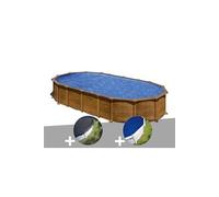 Kit piscine acier aspect bois Gré Pacific ovale 7,44 x 3,99 x 1,22 m + Bâche d'hivernage + Bâche à bulles Bois G
