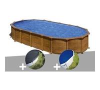 Kit piscine acier aspect bois Gré Pacific ovale 7,44 x 3,99 x 1,22 m + Bâche d'hivernage + Bâche à bulles Bois G