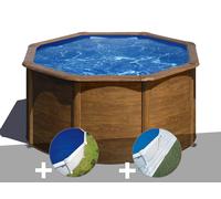 Kit piscine acier aspect bois Gré Pacific ronde 2,60 x 1,22 m + Bâche à bulles + Tapis de sol