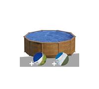 Kit piscine acier aspect bois Gré Pacific ronde 4,80 x 1,22 m + Bâche à bulles + Tapis de sol