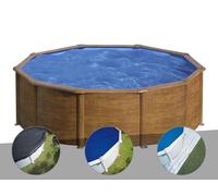 Kit piscine acier aspect bois Gré Pacific ronde 4,80 x 1,22 m + Bâche d'hivernage + Bâche à bulles + Tapis de sol