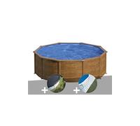 Kit piscine acier aspect bois Gré Pacific ronde 4,80 x 1,22 m + Bâche d'hivernage + Tapis de sol