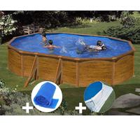 Kit piscine acier aspect bois Gré Sicilia ovale 5,27 x 3,27 x 1,22 m + Bâche à bulles + Tapis de sol