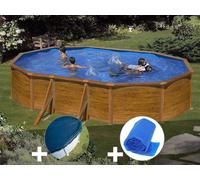 Kit piscine acier aspect bois Gré Sicilia ovale 5,27 x 3,27 x 1,22 m + Bâche hiver + Bâche à bulles