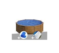 Kit piscine acier aspect bois Gré Sicilia ronde 3,20 x 1,22 m + Bâche à bulles + Tapis de sol Bois