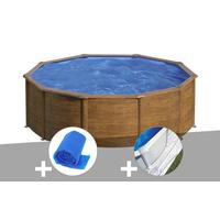 Kit piscine acier aspect bois Gré Sicilia ronde 3,20 x 1,22 m + Bâche à bulles + Tapis de sol
