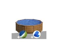 Kit piscine acier aspect bois Gré Sicilia ronde 3,20 x 1,22 m + Bâche hiver + Bâche à bulles Bois