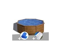 Kit piscine acier aspect bois Gré Sicilia ronde 3,70 x 1,22 m + Bâche à bulles + Tapis de sol
