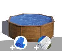 Kit piscine acier aspect bois Gré Sicilia ronde 3,70 x 1,22 m + Bâche à bulles + Tapis de sol