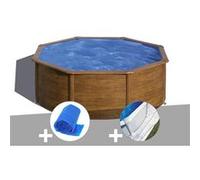 Kit piscine acier aspect bois Gré Sicilia ronde 3,70 x 1,22 m + Bâche à bulles + Tapis de sol Bois G