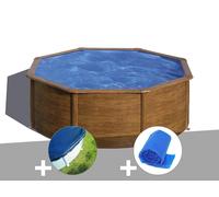 Kit piscine acier aspect bois Gré Sicilia ronde 3,70 x 1,22 m + Bâche hiver + Bâche à bulles