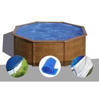 Kit piscine acier aspect bois Gré Sicilia ronde 3,70 x 1,22 m + Bâche hiver + Bâche à bulles + Tapis de sol