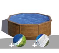 Kit piscine acier aspect bois Gré Sicilia ronde 3,70 x 1,22 m + Bâche hiver + Tapis de sol