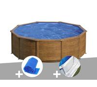 Kit piscine acier aspect bois Gré Sicilia ronde 4,80 x 1,22 m + Bâche à bulles + Tapis de sol