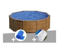Kit piscine acier aspect bois Gré Sicilia ronde 4,80 x 1,22 m + Bâche à bulles + Tapis de sol