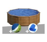 Kit piscine acier aspect bois Gré Sicilia ronde 4,80 x 1,22 m + Bâche hiver + Bâche à bulles