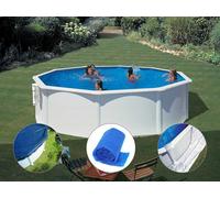Kit piscine acier blanc Gré Bora Bora ronde 3,70 x 1,22 m + Bâche hiver + Bâche à bulles + Tapis de sol