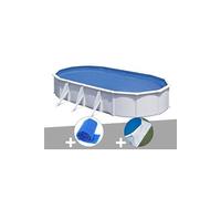 Kit piscine acier blanc Gré Fidji ovale 7,44 x 3,99 x 1,22 m + Bâche à bulles + Tapis de sol