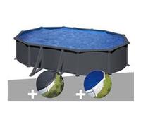 Kit piscine acier gris anthracite Gré Juni ovale 6,34 x 3,99 x 1,32 m + Bâche d'hivernage + Bâche à bulles
