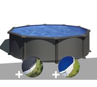 Kit piscine acier gris anthracite Gré Juni ronde 3,70 x 1,32 m + Bâche d'hivernage + Bâche à bulles