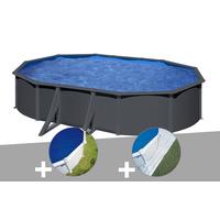 Kit piscine acier gris anthracite Gré Louko ovale 5,27 x 3,27 x 1,22 m + Bâche à bulles + Tapis de sol