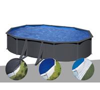 Kit piscine acier gris anthracite Gré Louko ovale 6,34 x 3,99 x 1,22 m + Bâche d'hivernage + Bâche à bulles + Tapis de sol