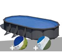 Kit piscine acier gris anthracite Gré Louko ovale 7,44 x 3,99 x 1,22 m + Bâche à bulles + Tapis de sol