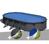 Kit piscine acier gris anthracite Gré Louko ovale 7,44 x 3,99 x 1,22 m + Bâche d'hivernage + Bâche à bulles