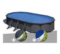 Kit piscine acier gris anthracite Gré Louko ovale 7,44 x 3,99 x 1,22 m + Bâche d'hivernage + Bâche à bulles